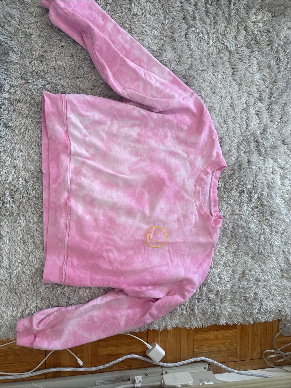 Pink Tie-Dye Crewneck Sweater with Embroidered Smiley Detail